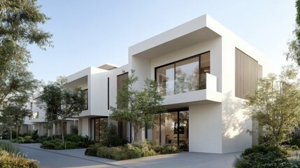 Modern Scandinavian townhouses surrounded by greenery in a sunny residential area