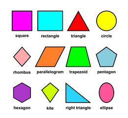 Geometric colorful shape with name. basic shapes set isolated on white background. Vector illustration for math lesson.