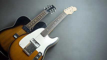 Two Vintage Electric Guitars With Intricate Designs Resting Against A Neutral Gray Backdrop In A High Angle Close Up Shot