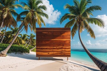 Beautiful Wooden Panel on Scenic Beach Surrounded by Coconut Palms and Crystal Clear Blue Waters
