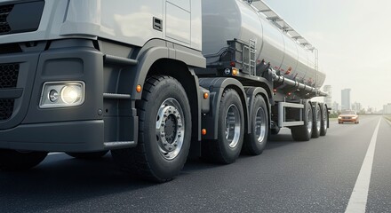 Modern fuel tanker truck on highway with city skyline in background