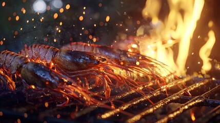 Grilled prawns on fiery barbecue grill.