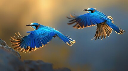 Two vibrant blue birds in flight at sunset. (11)