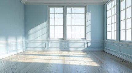 Sunlit empty room with light blue walls, wood floor, and large windows.
