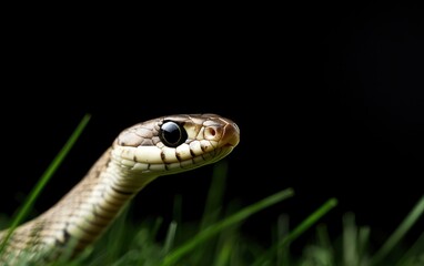 Fototapeta premium Close-up of a small snake's head and neck emerging from green grass against a black background. The snake has dark eyes and light brown and gray scales
