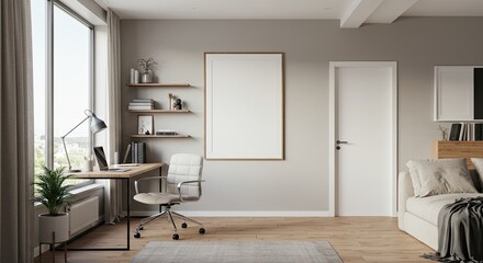 Modern minimalist home office with large window and cozy neutral decor