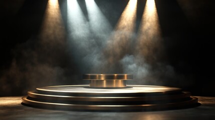 Dramatic Presentation Stage with Spotlights and Atmospheric Smoke Effect