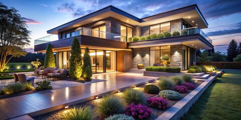 Obraz premium Modern Home Evening Illumination Landscape Photography: Luxurious Night Scene Lighting Design