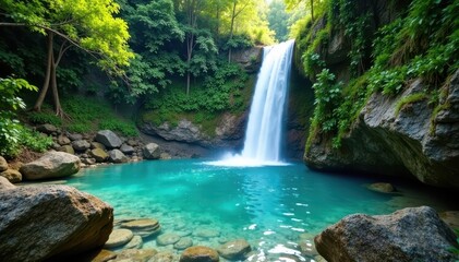 Naklejka premium Hidden turquoise pool fed by cascading waterfalls , vibrant, majestic, powerful