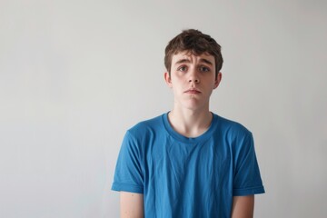 Obraz premium Young man touching his stomach isolated on gray background space. Abdominal pain or ache concept