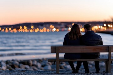 An affectionate couple shares a quiet moment on a bench by the water, with soft waves and dreamy city lights blending together in the evening ambiance.