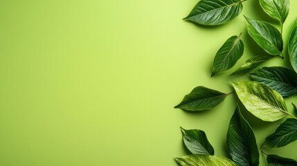 Fototapeta premium Green leaves on light green background