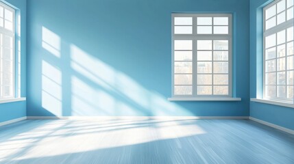 Fototapeta premium Empty light blue room with sunlight and windows.