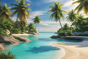 Tropical Paradise with Serene Lagoon Vibrant Palm Trees and Pristine Beach for a Perfect Summer Retreat