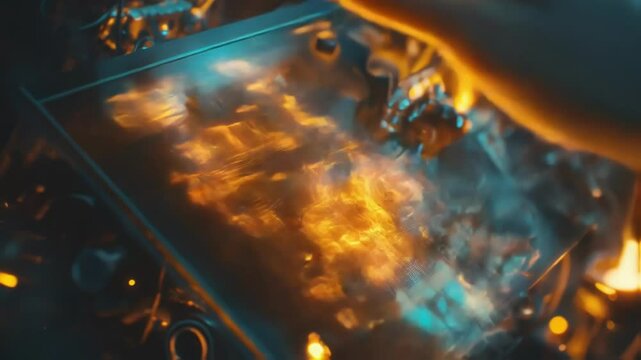 Hand interacting with a holographic user interface, managing an innovative manufacturing process projected over an industrial machine, surrounded by sparks and lights
