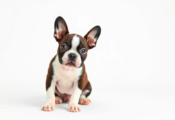 Adorable Boston Terrier puppy, white background, playful pose, fur, purebred