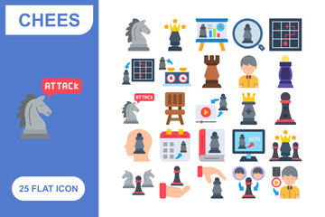 Obraz premium Chess Flat Icon Set, Collection of 25 Chess Flat Icon Set – 25 Strategy, Board Game, and Piece Icons