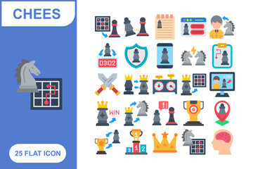 Chess Flat Icon Set, Collection of 25 Chess Flat Icon Set – 25 Strategy, Board Game, and Piece Icons