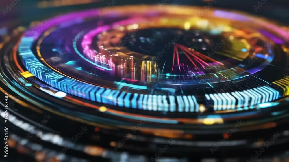 Aufkleber complex data streams are visualized on a colorful circular interface, blending technology and design