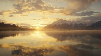 Fototapeta premium Sunrise over calm lake reflecting majestic snow-capped mountains.