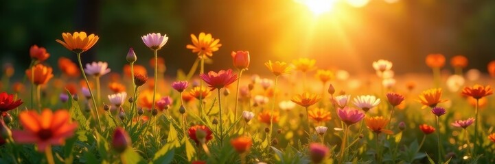 Fototapeta premium Golden hour sun bathes wildflowers in colorful spring light, dawn, yellow