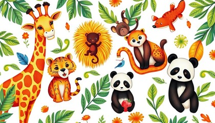 Obraz premium Adorable jungle animal print featuring giraffe, lion, tiger, monkey, fox, panda, and bear on white background, children, vector illustration