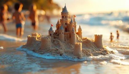 A family enjoying a beach day together, building sandcastles and swimming, Family Vacation, Fun and relaxing