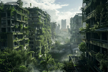 Obraz premium Post-Apocalyptic City With Vegetation Spreading Across Abandoned Buildings and Streets as Nature Flourishes in a Future Without Human Civilization