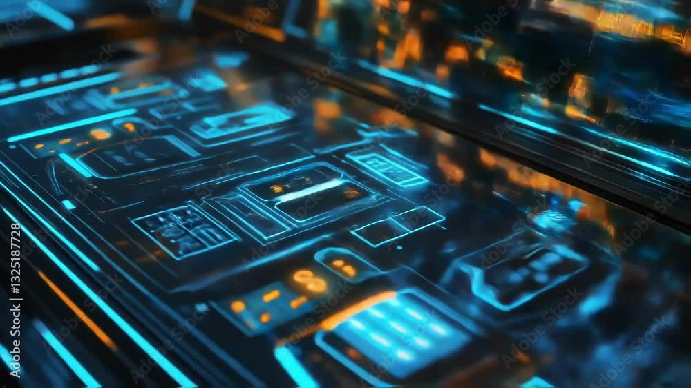 Poster futuristic control panel displaying complex engineering data and information, illuminated by vibrant