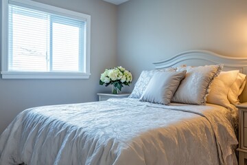 A well-lit guest bedroom with a neatly made bed and a bouquet of fresh flowers on a small bedside table
