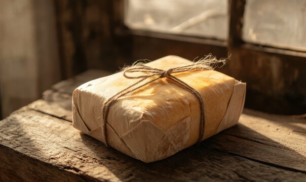 Wrapped parcel tied with string on rustic wooden surface, sunlight.