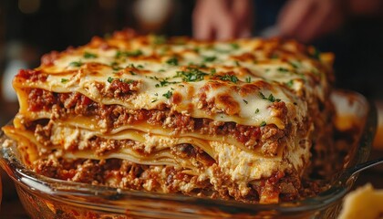 A family enjoying a homemade lasagna for dinner, Family Dinner, Warm and comforting