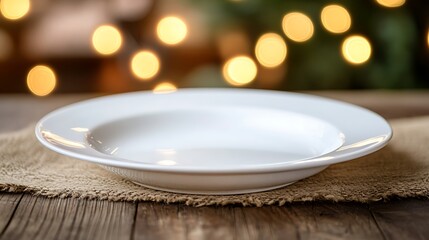 Empty white plate on wooden table with bokeh background