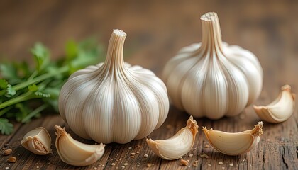 Fresh Purple Garlic on Wooden Plate