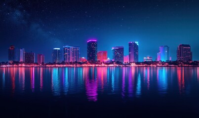 Fototapeta premium Vibrant city skyline glowing with neon blue and purple light, reflected in calm water under a starry night sky, exuding urban elegance