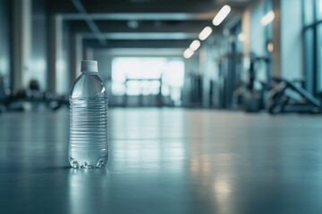 Water bottle placed on gym mat with sunlit reflections. Sport gear, hydration essentials, wellness lifestyle, gym equipment blur, active people, workout and fitness background.

