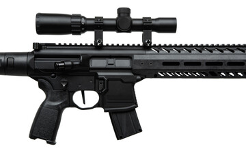 A black air rifle with a mounted scope, featuring a tactical design and modern aesthetics, isolated...