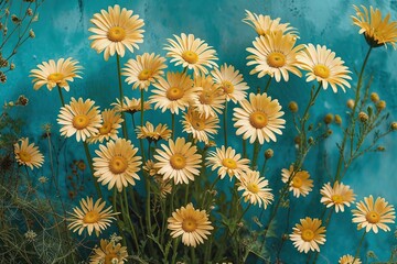Golden Daisies Clustered Against Turquoise Background in Vibrant Natural Landscape