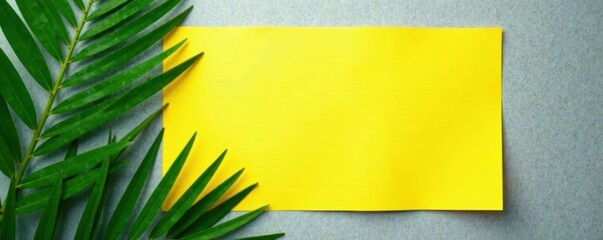 Obraz premium Gray background, vibrant yellow paper, lush palm leaves , minimal, paper, stock photo