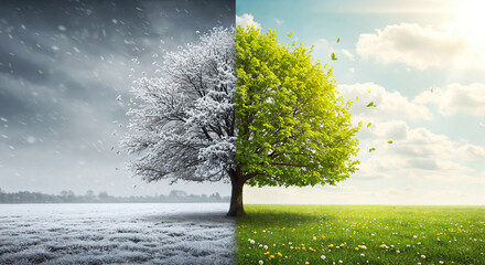 Fototapeta premium Spring Equinox poster. Split image of tree in winter and summer showcasing seasonal change with snow and green leaves