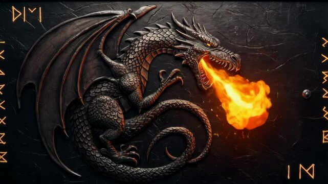 Metal Dragon Spitting Fire with Runic Symbols on a Textured Dark Background
