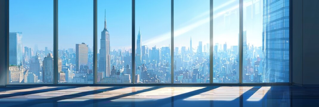 Panoramic urban view from high-rise office with sunlight.