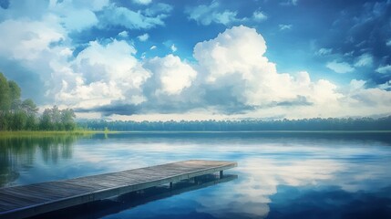 A wooden dock extends over a calm lake reflecting the sky