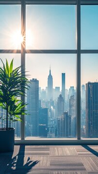 Fototapeta Sunlit skyscrapers seen through large office windows.