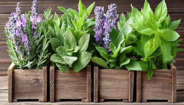 Fresh herbs in wooden crates, kitchen garden concept