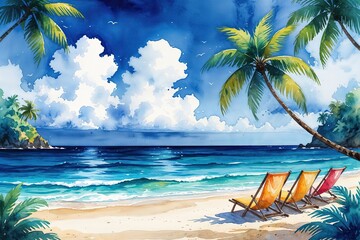 Naklejka premium Hand-Painted Tropical Beach Watercolor Illustration with Ocean Background and Summer Vibes
