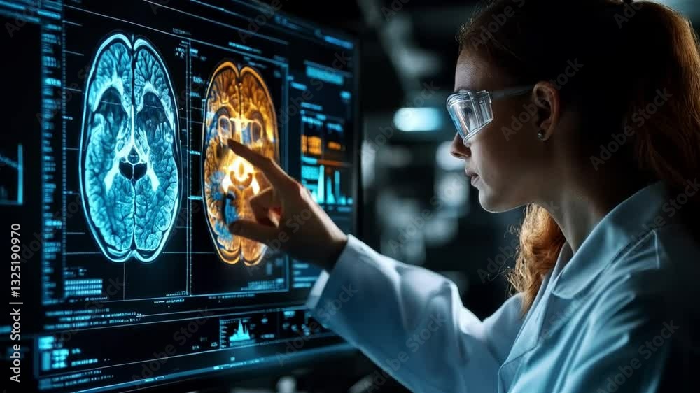 Poster A medical professional in a lab coat examines detailed brain scan data using advanced holographic technology. The setting features high-tech monitors showcasing intricate imaging results.