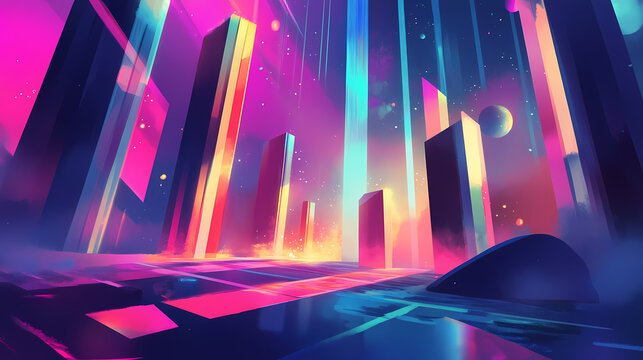 Concert stage with intersecting light beams, vibrant colors, electric atmosphere, high energy. Sonic Glow. Illustration