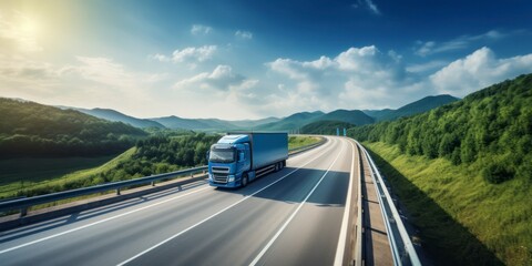 Truck driving on the highway in the mountains. Transportation and logistics concept.