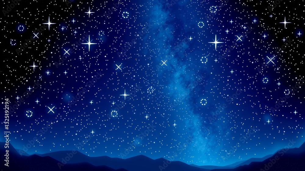 Wall mural abstract night sky with bright stars and blue milky way over dark mountains.
